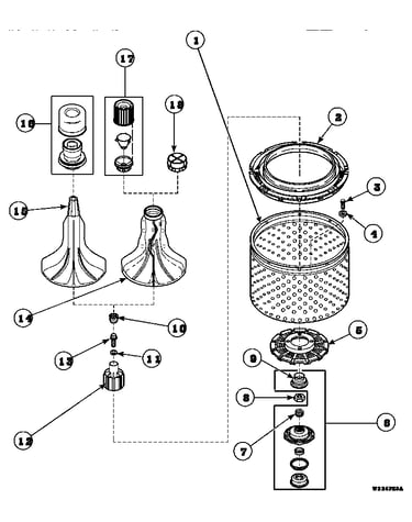 Agitator, drive bell, seal kit, washtub and hub