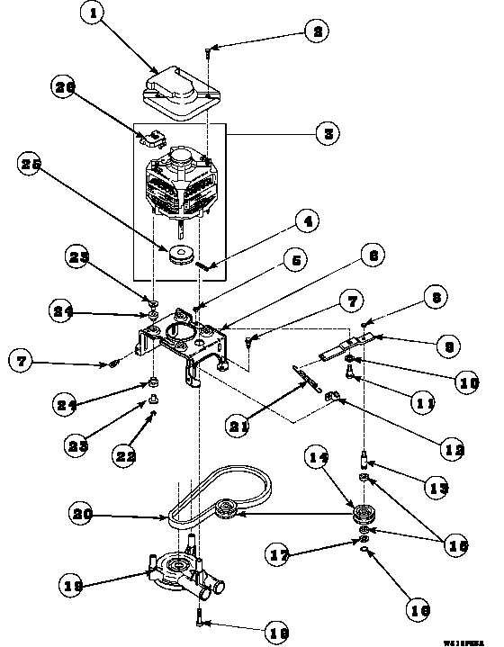 Motor, mounting bracket, belt, pump and idler assembly