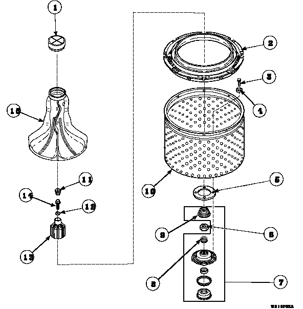 Agitator, drive bell, seal kit, washtub and hub
