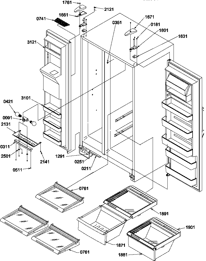 Refrigerator/freezer shelves, lights, and hinges