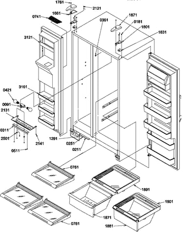 Refrigerator/freezer shelves, lights, and hinges