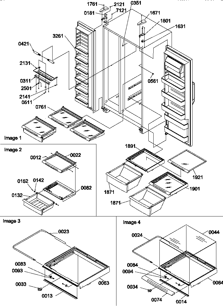 Refrigerator/freezer shelves, lights, and hinges
