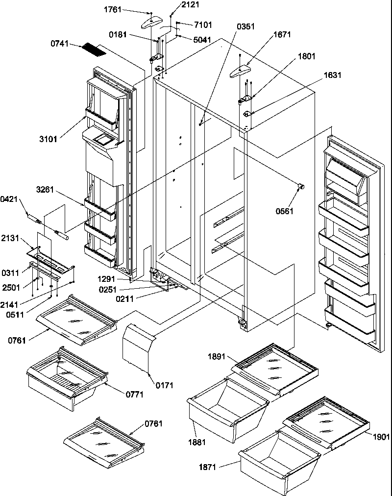 Refrigerator/freezer shelves, lights, and hinges
