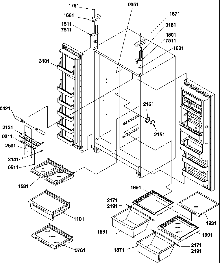 Refrigerator/freezer shelves, lights, and hinges