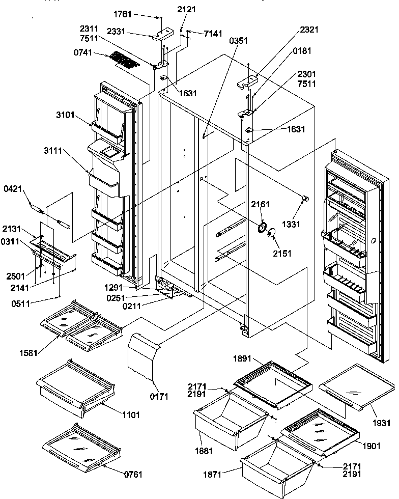 Refrigerator/freezer shelves, lights, and hinges