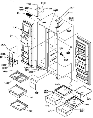 Refrigerator/freezer shelves, lights, and hinges