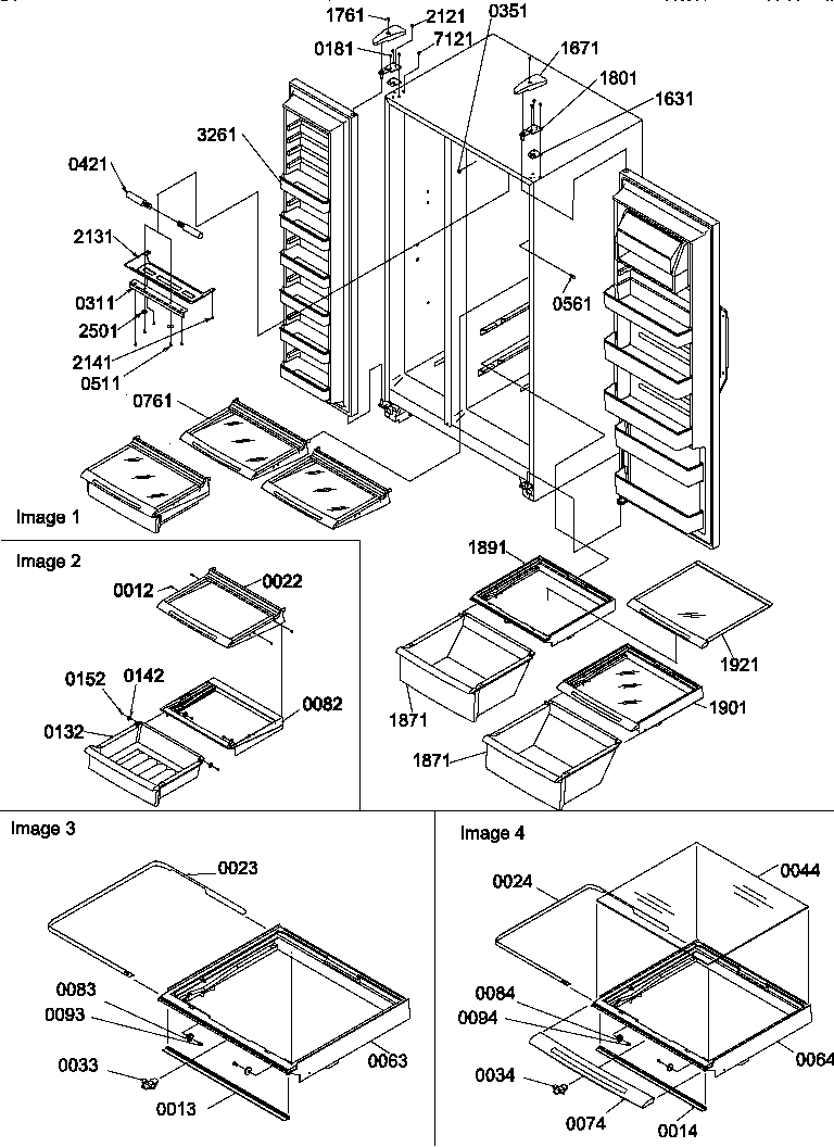 Refrigerator/freezer shelves, lights, and hinges