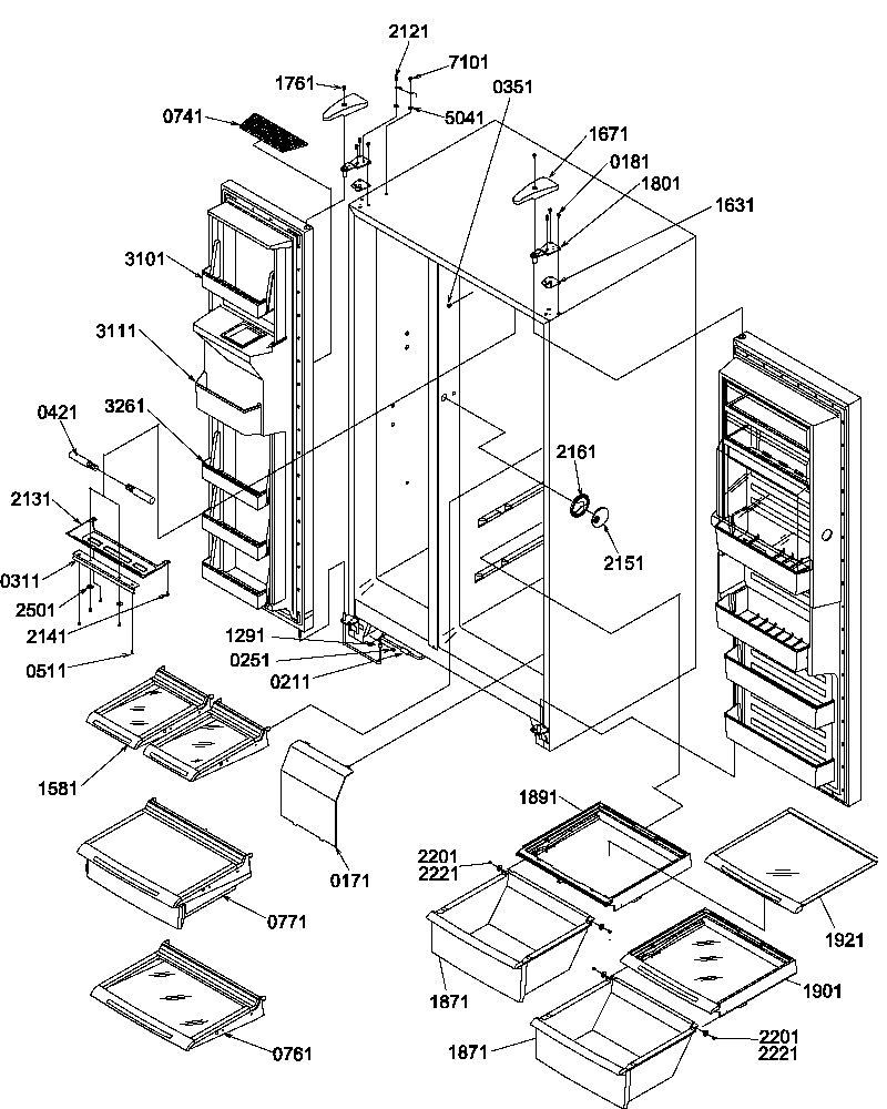 Refrigerator/freezer shelves, lights, and hinges