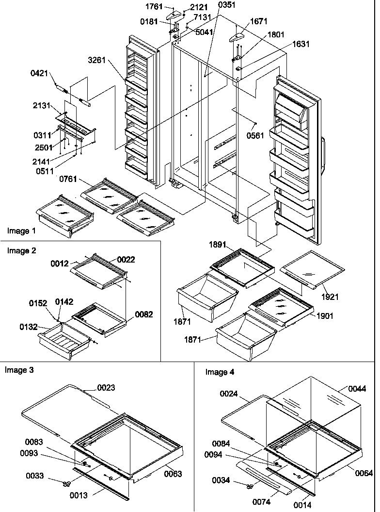 Refrigerator/freezer shelves, lights, and hinges