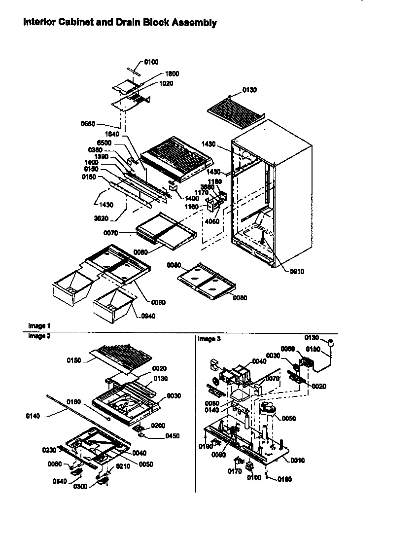 Interior cabinet and drain block assembly