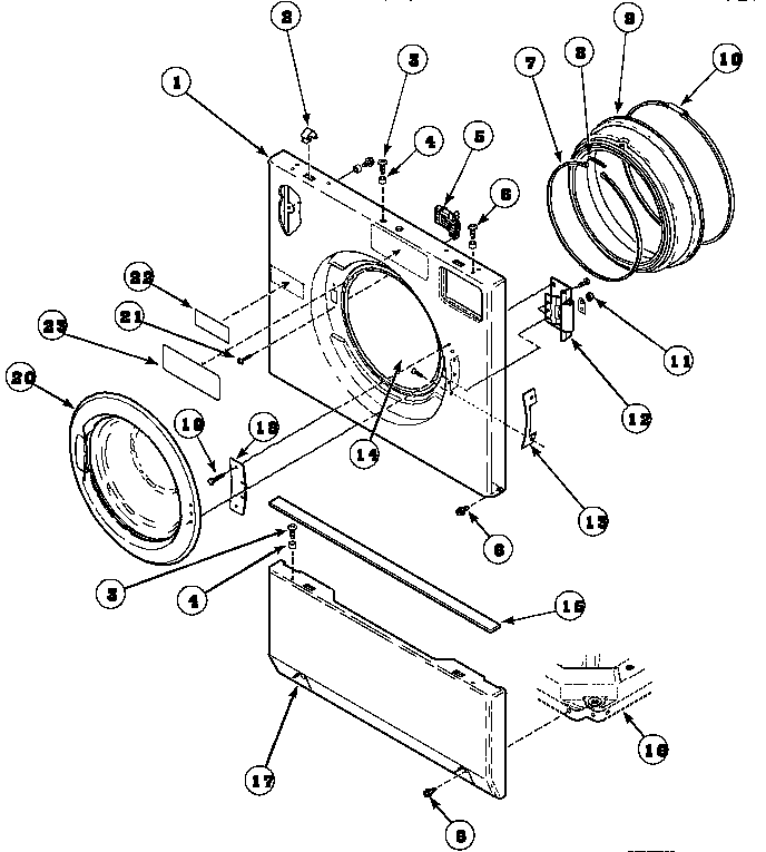 Front panel, door assembly and door seal