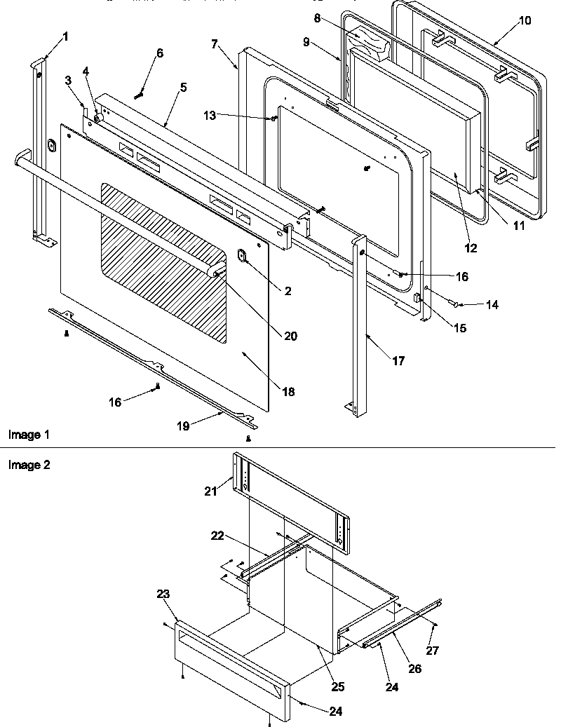 Oven door and storage drawer