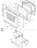 Oven door and storage drawer