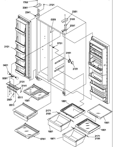 Refrigerator/freezer shelves, lights, and hinges