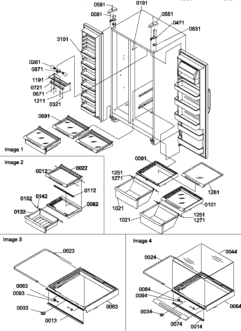 Refrigerator/freezer shelves, lights, and hinges