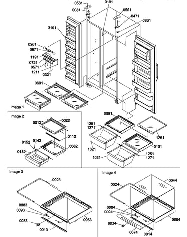 Refrigerator/freezer shelves, lights, and hinges