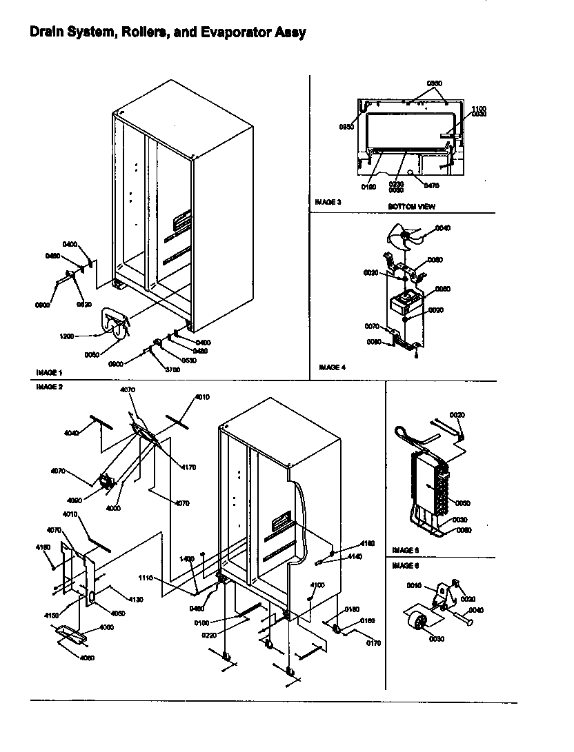 Drain system, rollers, and evaporator assy