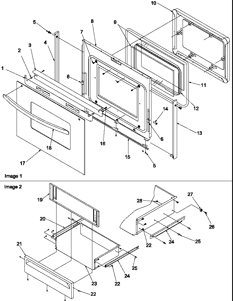 Oven door and storage drawer