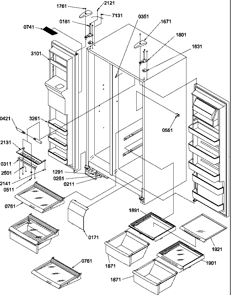 Refrigerator/freezer/shelves, lights and hinges