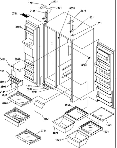 Refrigerator/freezer/shelves, lights and hinges