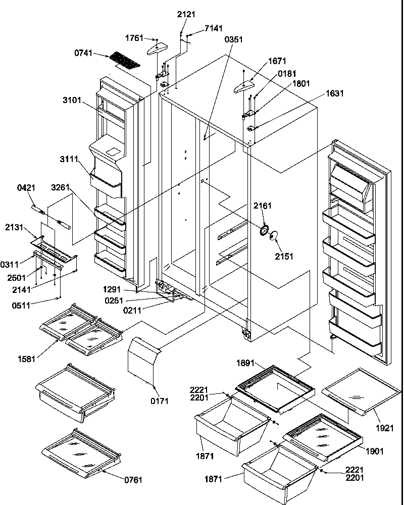 Refrigerator/freezer shelves, lights, and hinges