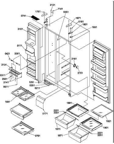 Refrigerator/freezer shelves, lights, and hinges