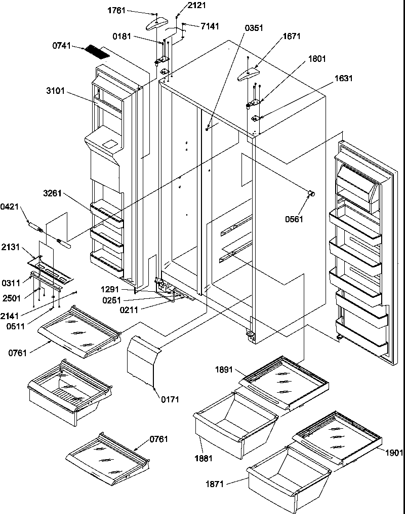 REFRIGERATOR/FREEZER SHELVES, LIGHTS,AND HINGES