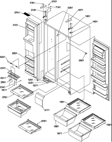 Refrigerator/freezer shelves, lights,and hinges