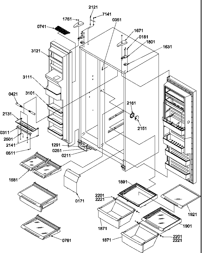 Refrigerator/freezer shelves, lights, and hinges