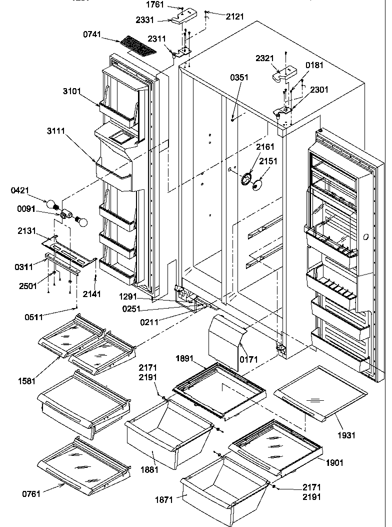 Refrigerator/freezer shelves, light and hinges