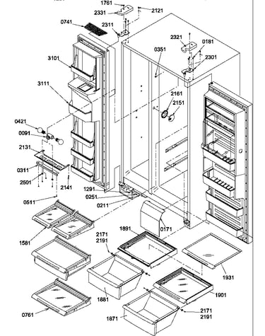 Refrigerator/freezer shelves, light and hinges