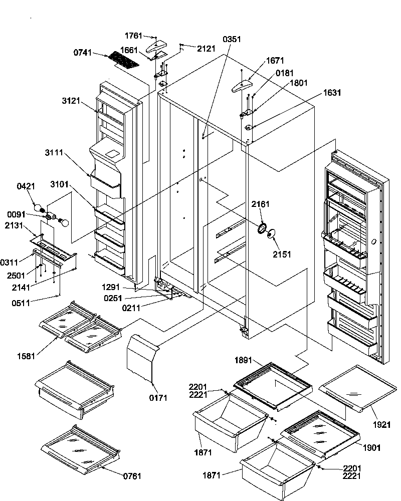 Refrigerator/freezer shelves, light, and hinges