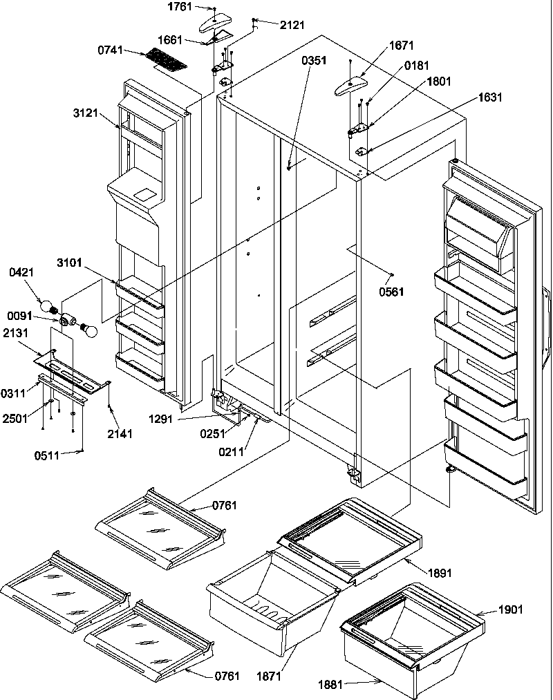 Refrigerator/freezer shelves, lights, and hinges