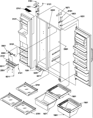 Refrigerator/freezer shelves, lights, and hinges