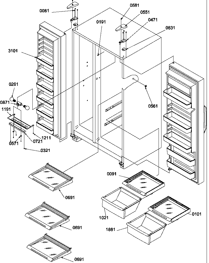 Refrigeratorfreezer shelves, lights, and hinges