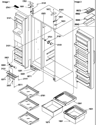 Refrigerator/freezer shelves, lights, and hinges