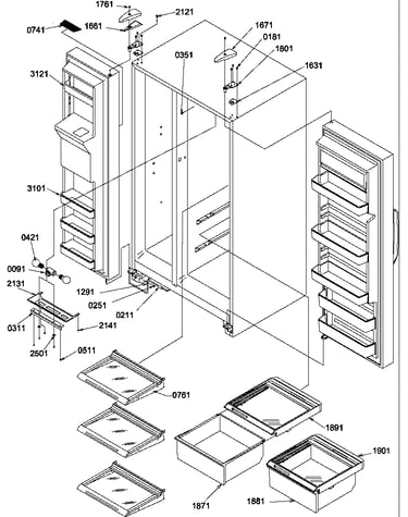 Refrigerator/freezer shelves, lights, and hinges