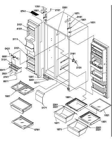 Refrigerator/freezer shelves, lights, and hinges