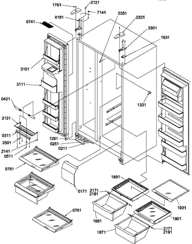 Refrigerator/freezer shelves, lights, and hinges