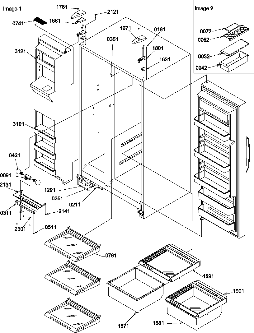 Refrigerator/freezer shelves, lights, and hinges