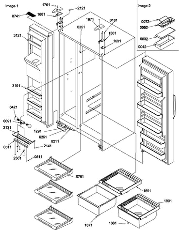 Refrigerator/freezer shelves, lights, and hinges