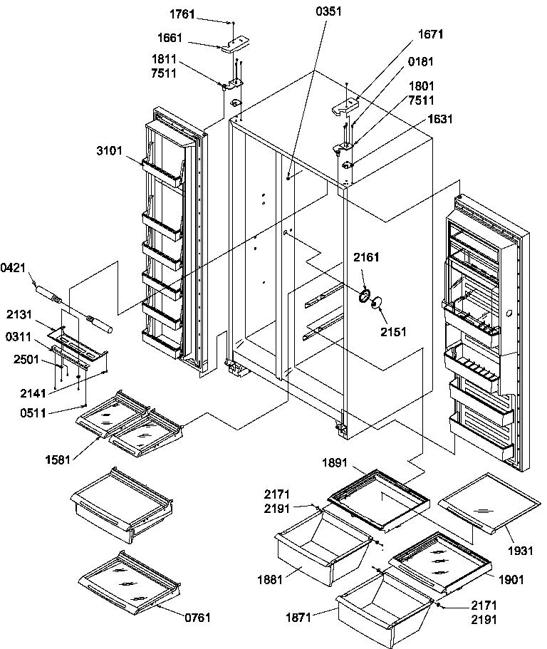 Refrigerator/freezer shelves, lights, and hinges