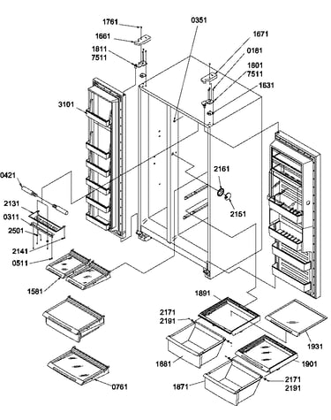 Refrigerator/freezer shelves, lights, and hinges