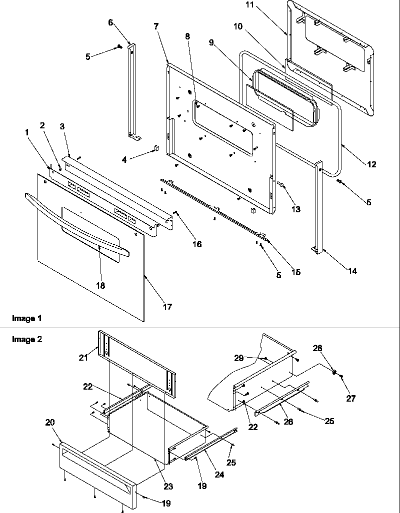 Oven door and storage drawer