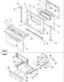 Oven door and storage drawer