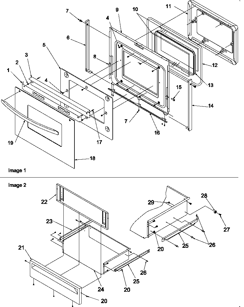 Oven door and storage drawer