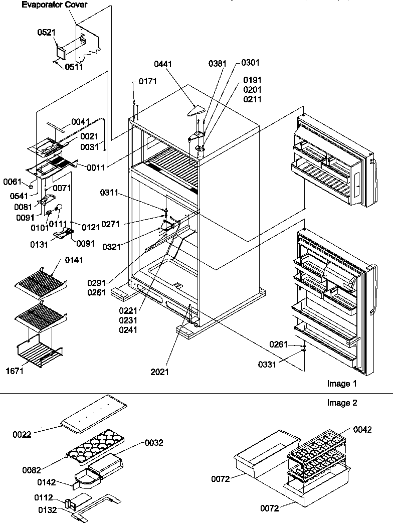 Door hinges and freezer shelf
