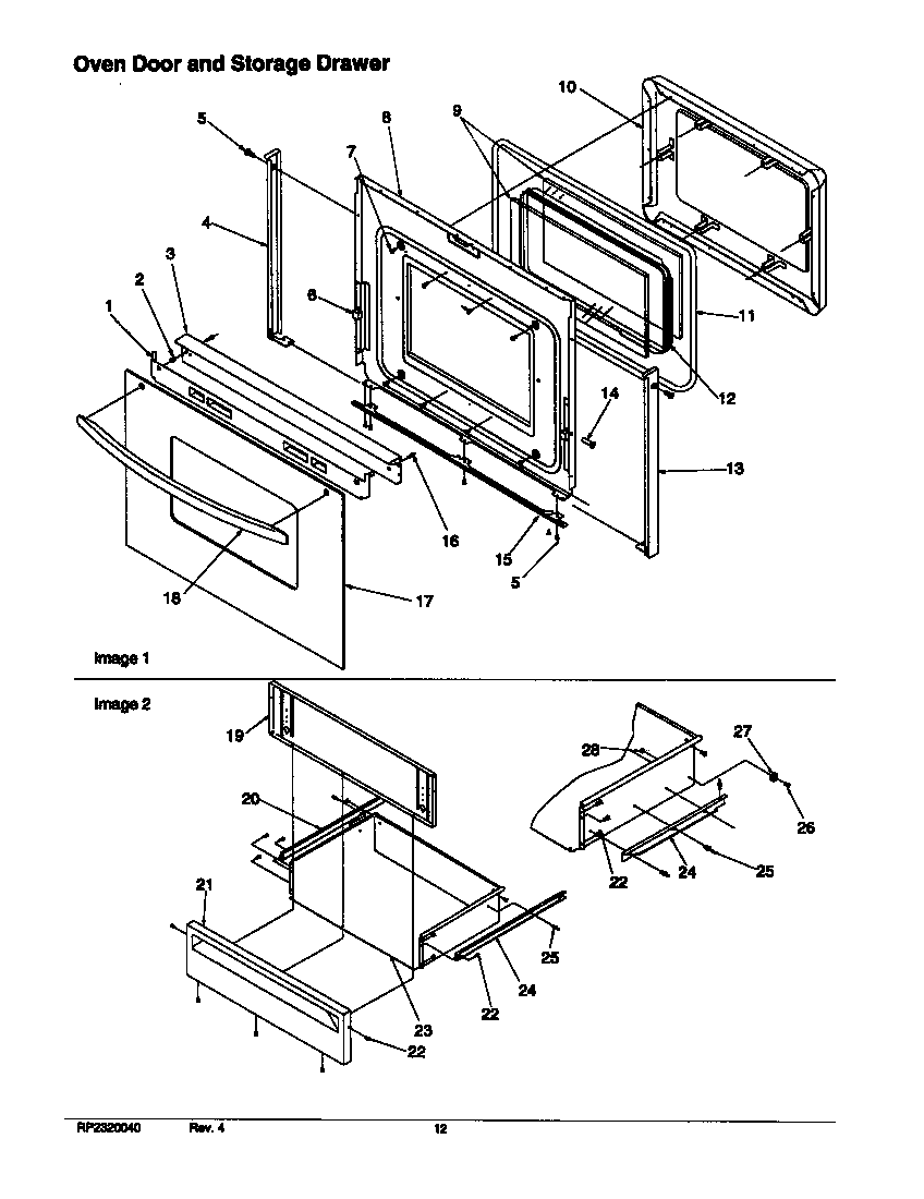 Oven door and storage drawer