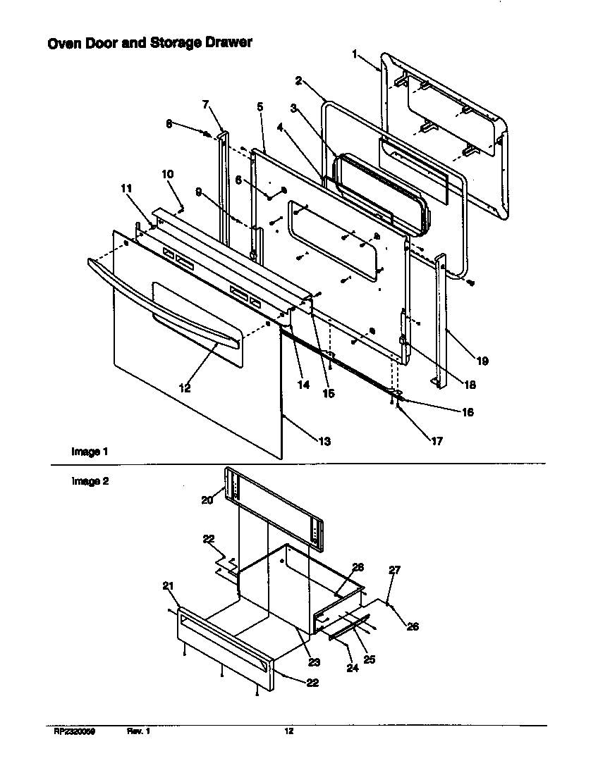 Oven door and storage drawer