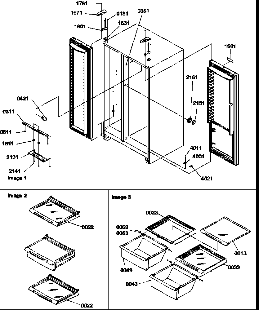 Refrigerator/freezer lights, hinges, and shelving assy